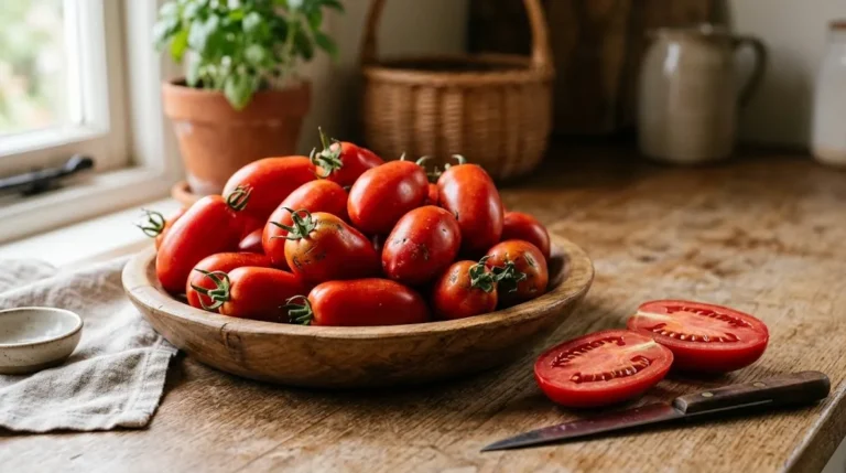 A bowl of red paste tomatoes, including one cut open to show its dense flesh