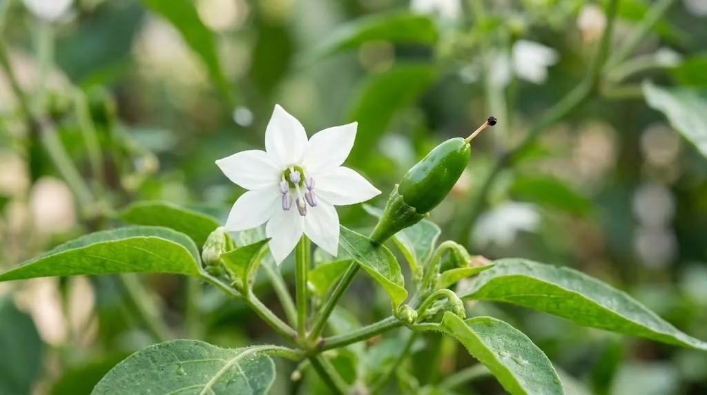 White flower and juvenile green chili pod on a living Capsicum annuum plant