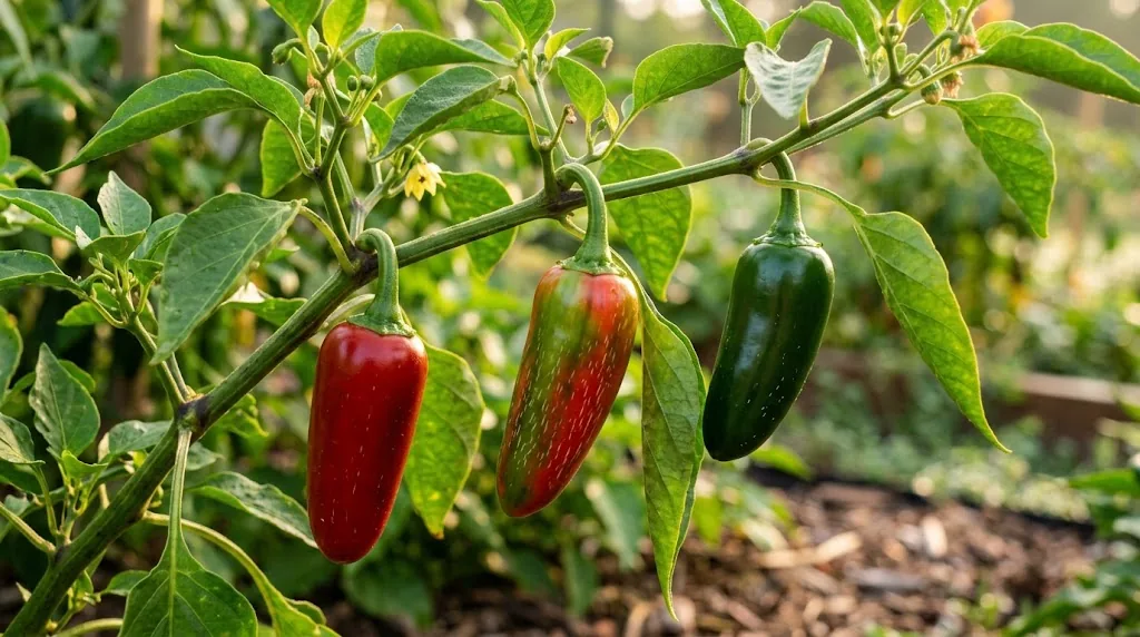 Green, turning, and red jalapeño peppers attached to one garden branch