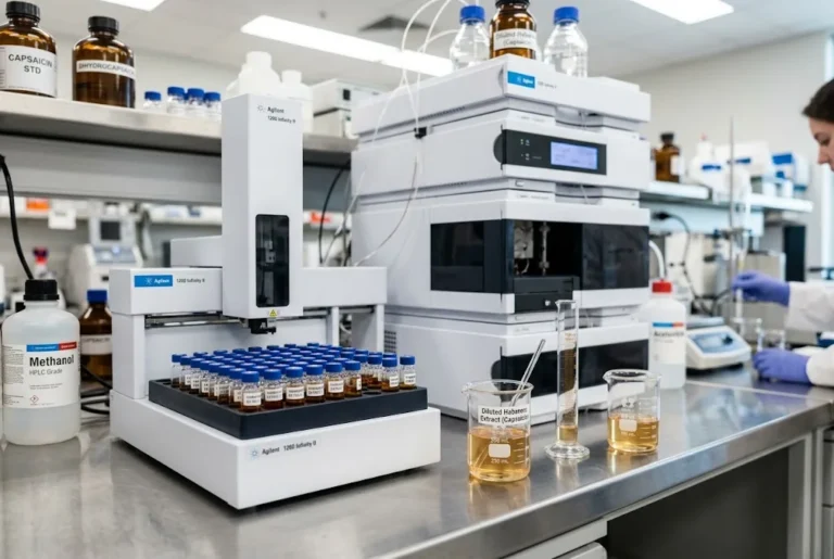 Analytical testing workstation with HPLC autosampler and glass beakers containing amber chili extract