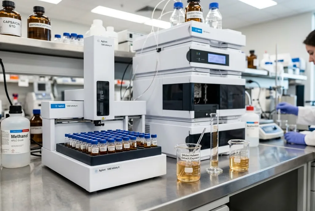 Analytical testing workstation with HPLC autosampler and glass beakers containing amber chili extract