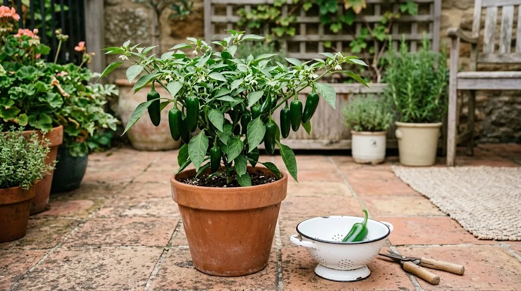 Potted jalapeño plant with green peppers beside an enamel colander catching one freshly picked pepper