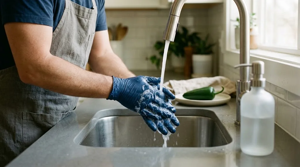 Gloved hands washed with soap after pepper prep beside one green jalapeño on a ceramic dish