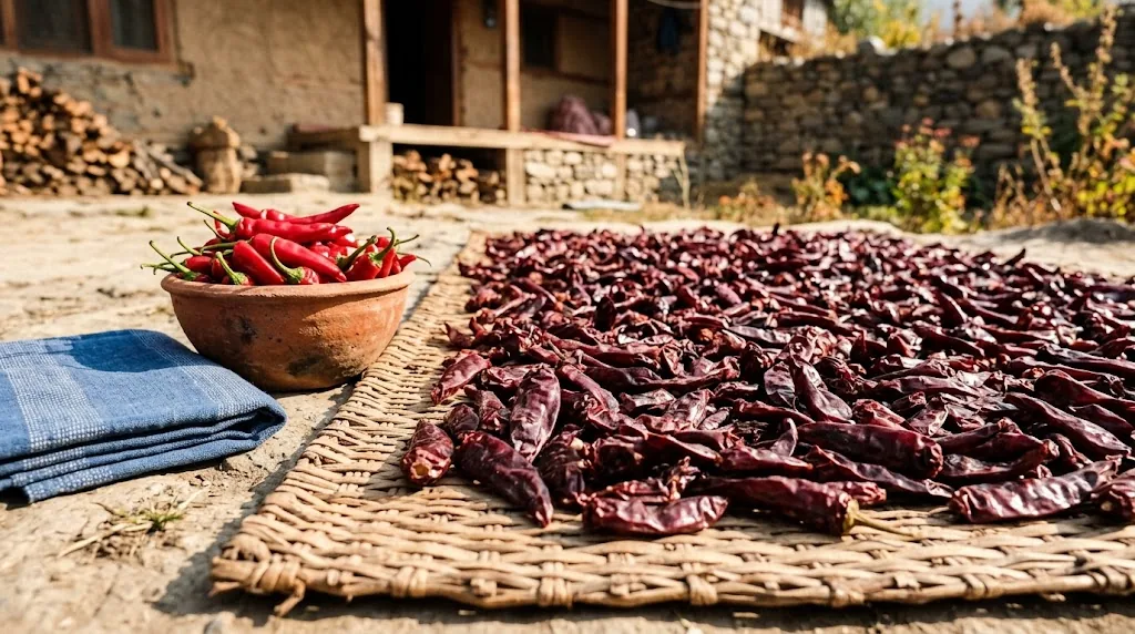 Whole dried deep red wrinkled Kashmiri chili pods spread on a woven reed mat drying in warm sun beside a small terracotta bowl of just-picked ripe red pods