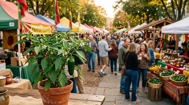 Pepper festival market with visitors, vendor tents and a potted jalapeño plant