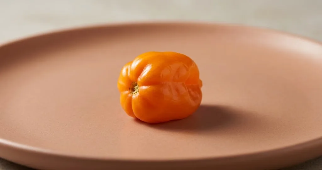 A ripe orange habanero pepper pod on a matte ceramic plate under studio soft light