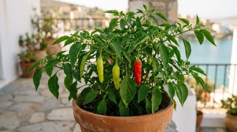 Pepperoncini plant bearing light-green slender pods on a sunny patio