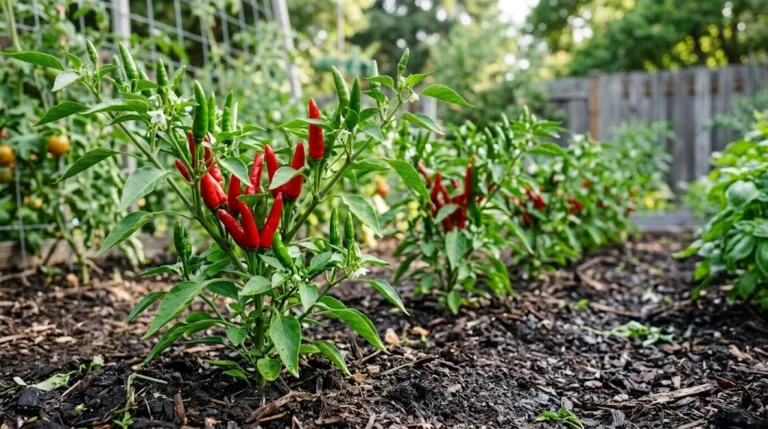 Sport pepper plants with upright green and ripe red pods growing in a garden bed
