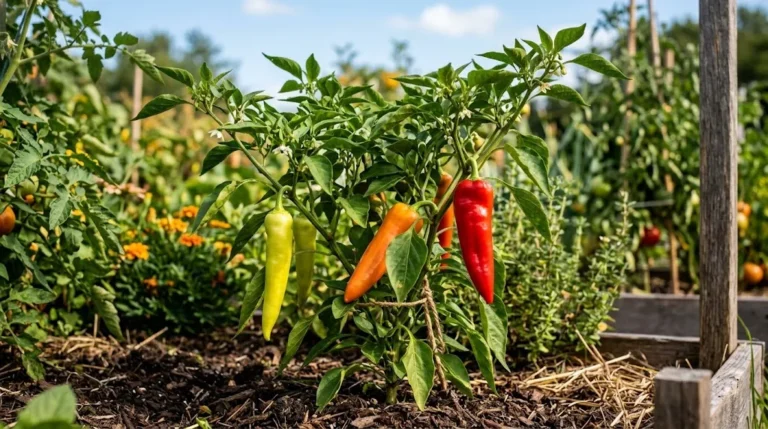 A Hungarian Hot Wax pepper plant in a garden with attached yellow, orange and red fruit