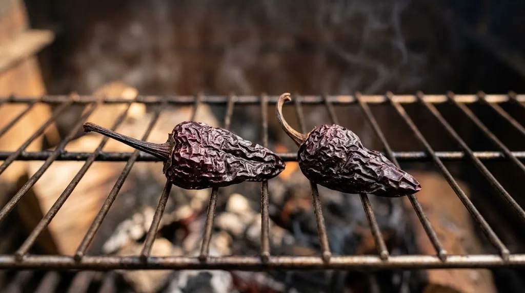 Dark reddish-purple Morita chiles drying on a smoker rack as a faint wisp of smoke rises
