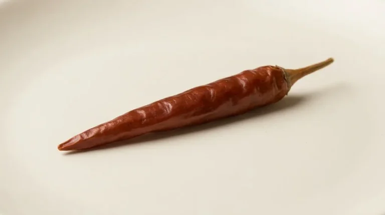 Single ripe brownish-red Puya chile on an ivory background