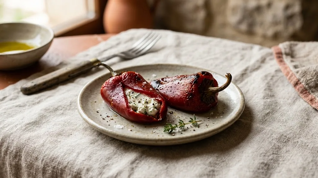 Two roasted red Piquillo peppers, one filled with goat cheese and herbs