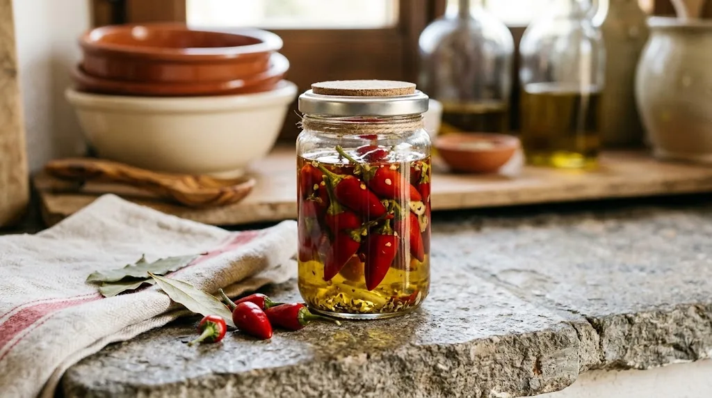A small Italian glass jar of whole ripe red Calabrian chili peppers submerged in golden olive oil on a stone kitchen counter