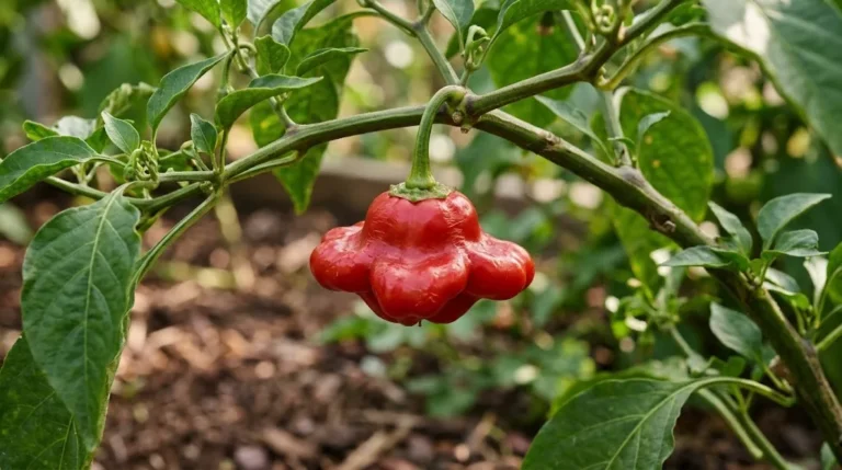 Glossy ripe red Mad Hatter pepper pod hanging on a living Capsicum baccatum plant