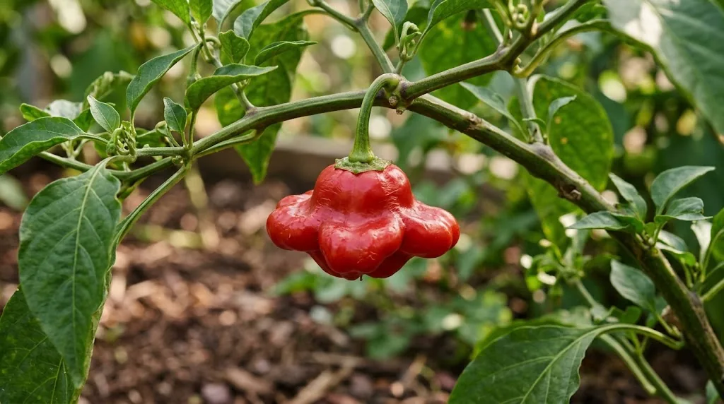 Glossy ripe red Mad Hatter pepper pod hanging on a living Capsicum baccatum plant