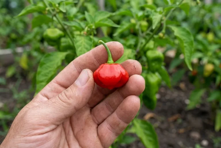 A gardener hand holding a ripe red squat bonnet-shaped Aji Cachucha pepper pod outdoors