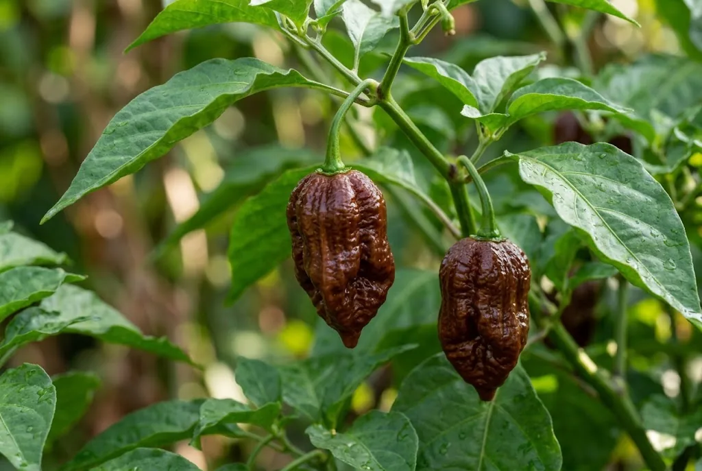 Two ripe chocolate-brown habanero pods hanging on a living leafy Capsicum chinense branch