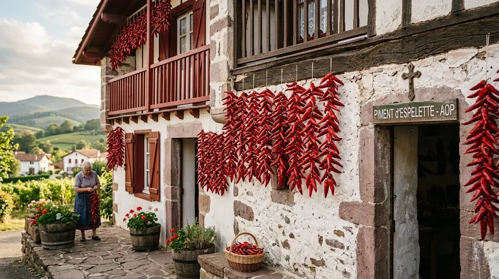 Red Gorria pepper strings drying on a whitewashed Basque farmhouse