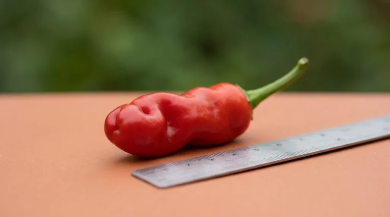 Scarlet Peter pepper beside a ruler, showing its rounded clefted end