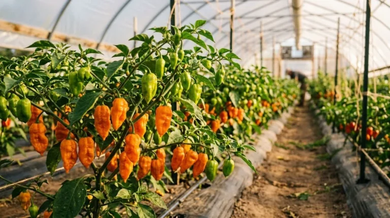 Fruiting Habanada pepper row in a high tunnel with attached green and ripe orange pods