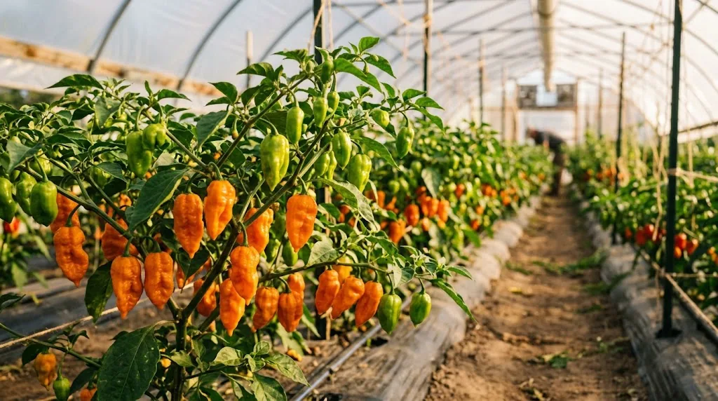 Fruiting Habanada pepper row in a high tunnel with attached green and ripe orange pods
