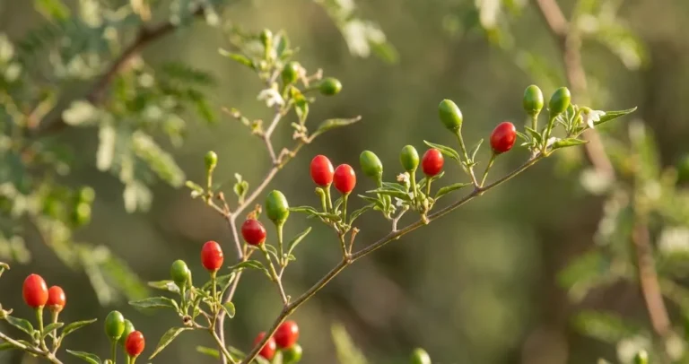 Tiny ripe red chiltepin peppers hang among leaves on a wild desert shrub