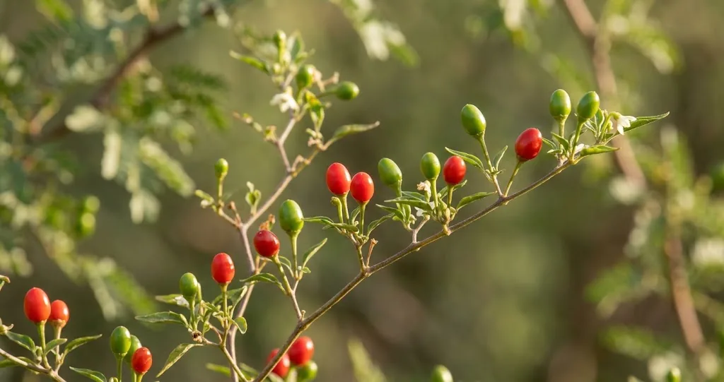 Tiny ripe red chiltepin peppers hang among leaves on a wild desert shrub