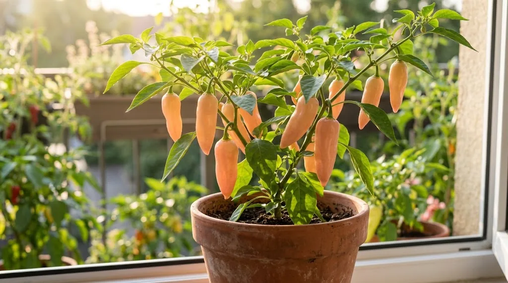 Sugar Rush Peach pepper plant growing in a balcony container with ripe peach-colored pods