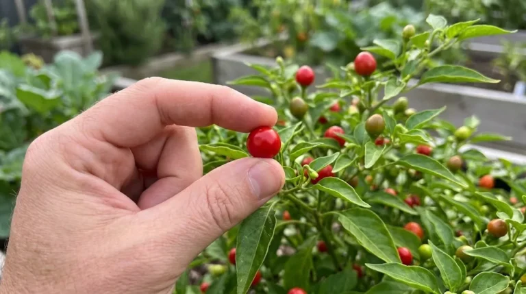 A hand holds one small, round, mature red Wiri Wiri pepper beside the plant.