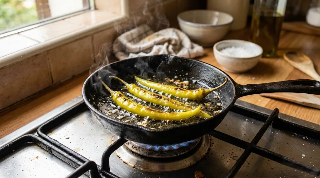 Lightly blistered yellow-green Ibarra peppers in a skillet