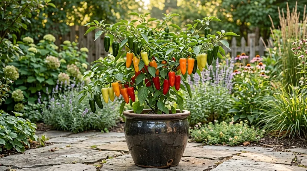 Santa Fe Grande pepper plant carrying green, pale yellow, amber, and scarlet pods on a late-summer patio