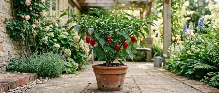An Armageddon chili plant in a patio container bearing pendant ripe red pods