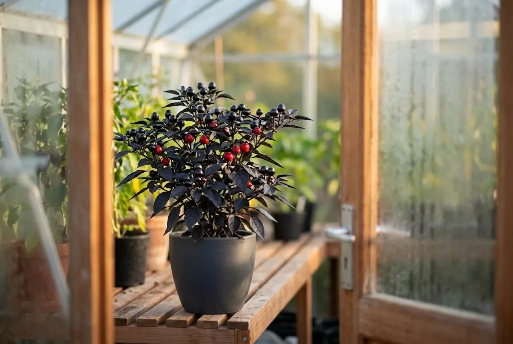Black Pearl pepper plant with dark foliage and round pods ripening from black to red