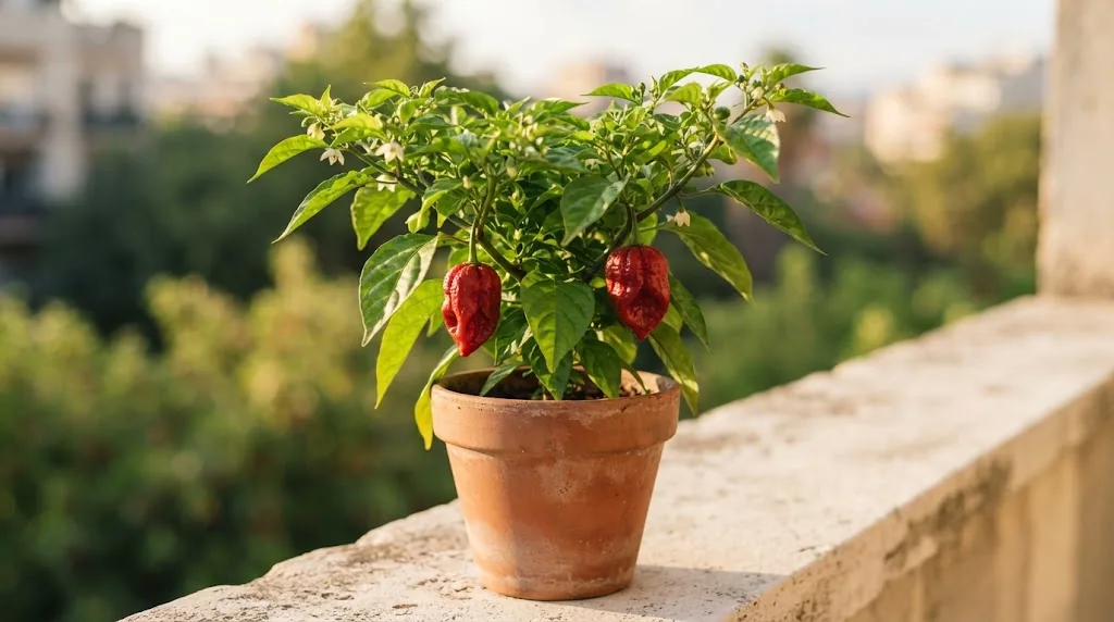 A Red Savina plant in a balcony pot with two deep red pendant peppers