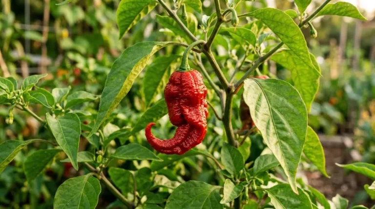 One ripe red Death Spiral pepper hangs from its deeply wrinkled plant