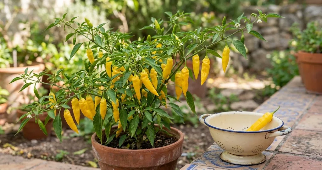 Ají Lemon Drop pepper plant and ripe yellow pod on a patio