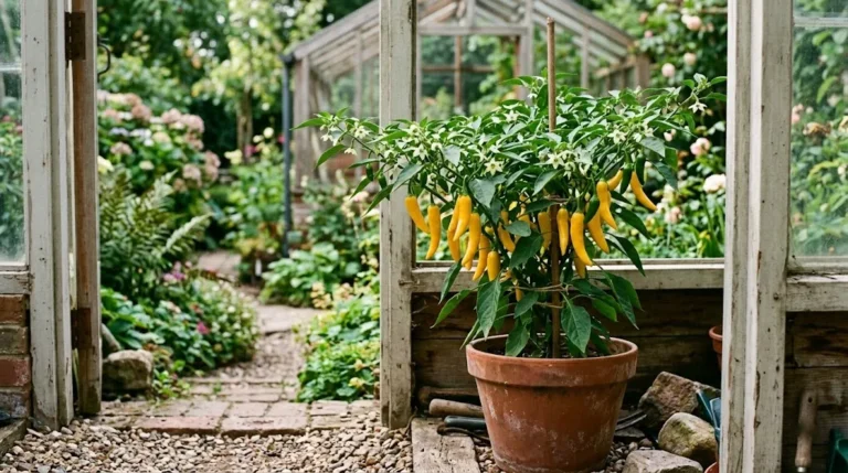 A fruiting Aji Cito plant framed by an open greenhouse doorway with ripe yellow fruit attached