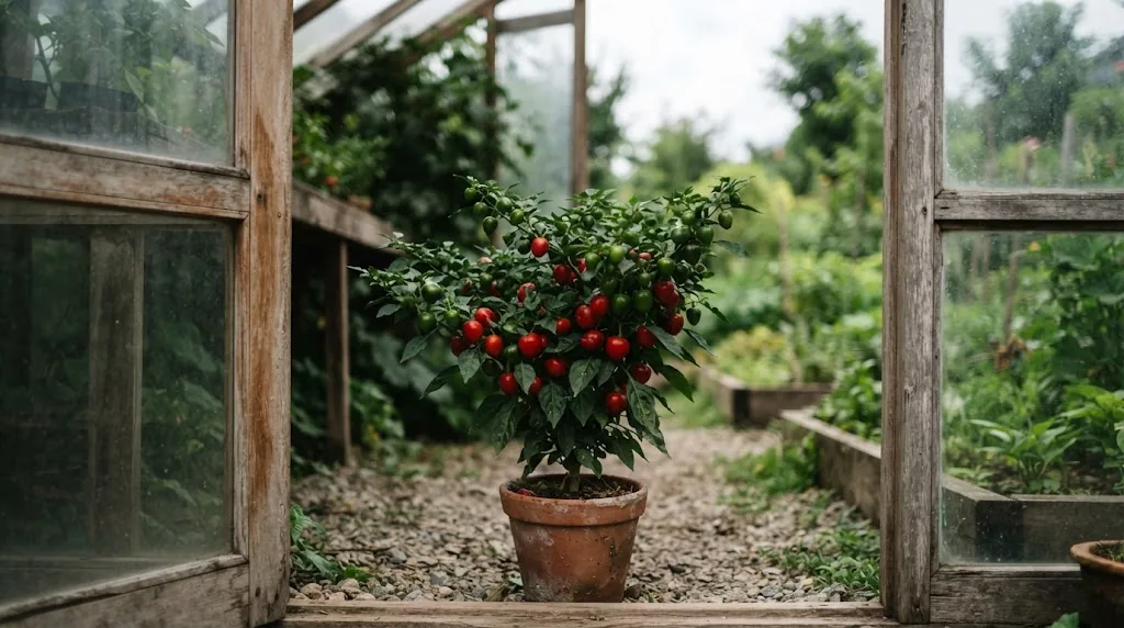 Dalle Khursani plant with round green and red fruit framed by an open greenhouse doorway
