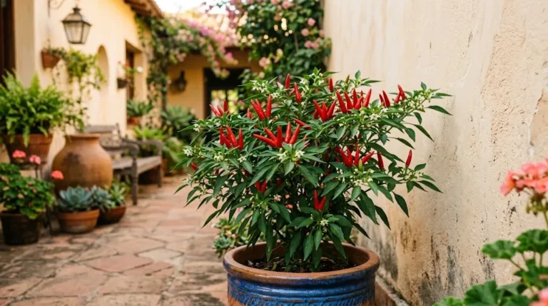 A compact Malagueta plant with ripe red fruit in a Brazilian courtyard