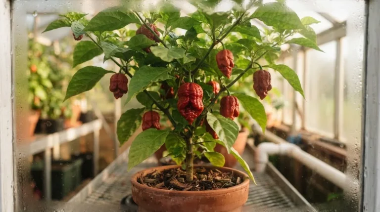 Fruiting 7 Pot Red plant with wrinkled ripe pods seen through greenhouse glass