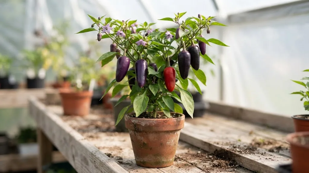 Purple Jalapeño plant with attached violet and red pods on a greenhouse bench