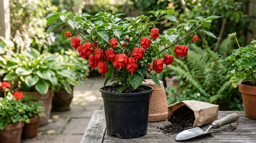A fruiting 7 Pot Primo plant with wrinkled red pods in a sunny home garden.