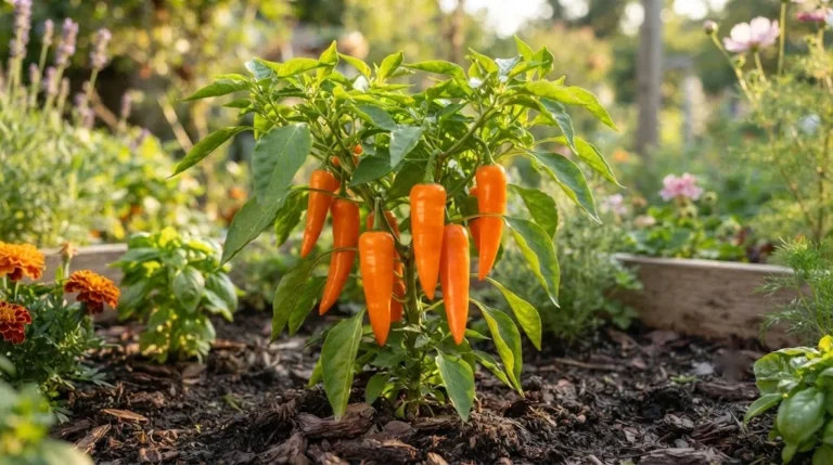 Compact Bulgarian Carrot pepper plant with ripe orange pods growing in a home garden