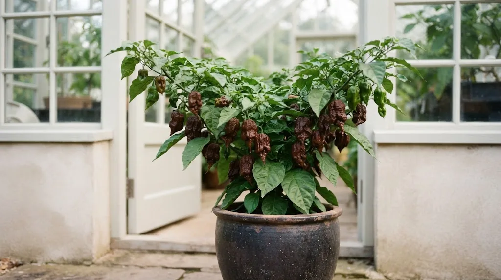 A potted Primotalii plant with attached green and ripe brown fruits at a greenhouse doorway
