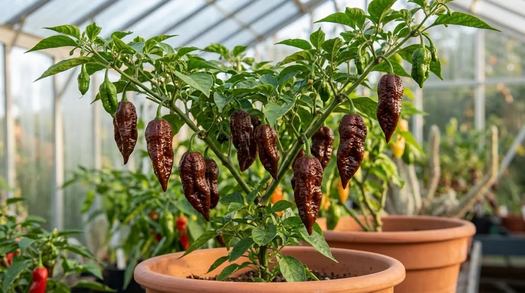 Chocolate Bhut Jolokia plant with ripe brown pods