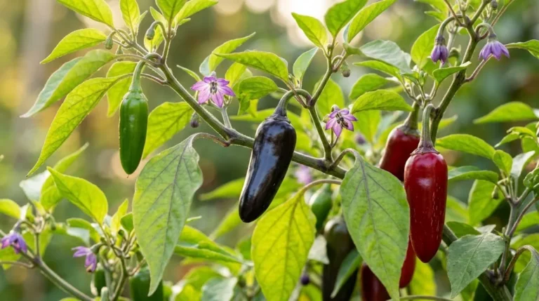 Black Hungarian pepper branch with purple flowers and peppers ripening from green to black and red