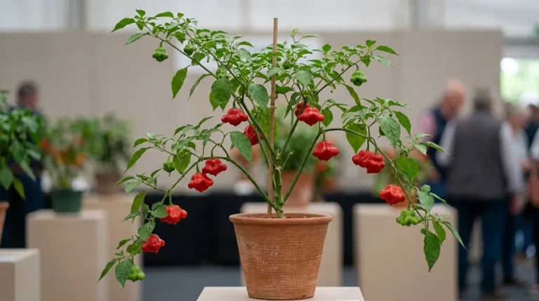 Brazilian Starfish pepper plant in a pot with ripe red, lobed fruit attached to its branches