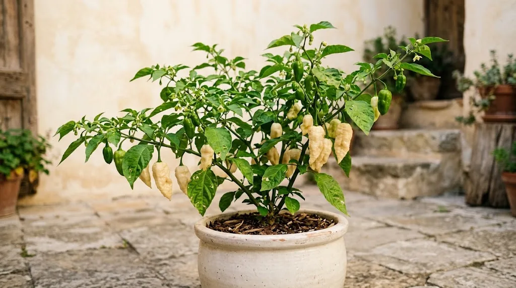 White Ghost pepper plant in a pale courtyard pot with attached ivory and green fruit