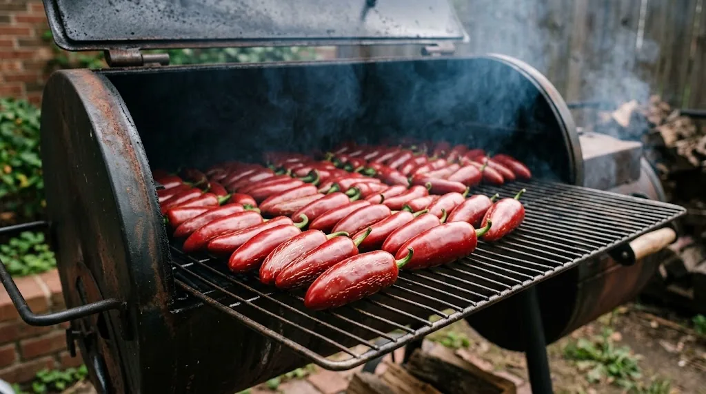 Ripe red jalapeño peppers smoking on a stainless steel smoker rack with thin pecan smoke