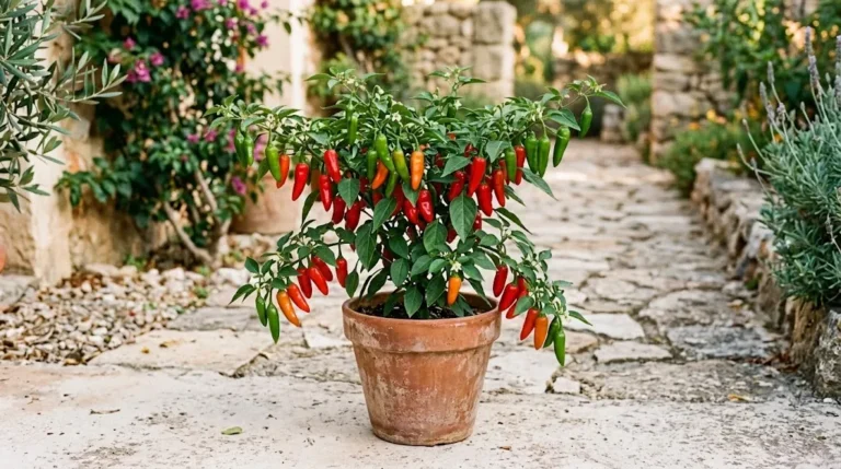 Fruit-bearing Komodo Dragon pepper plant framed by an open greenhouse doorway